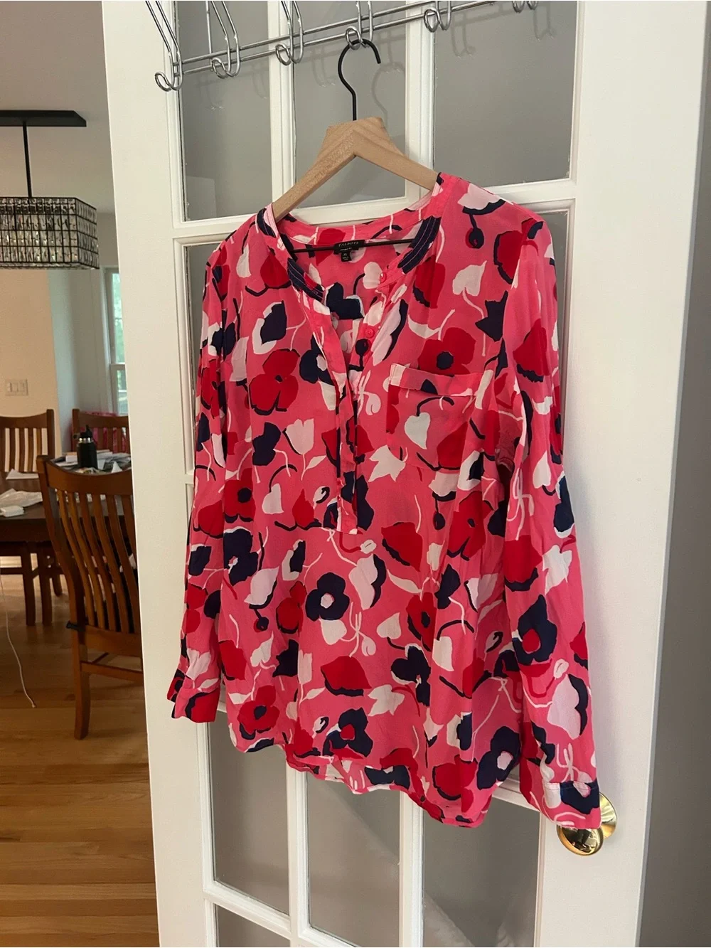 Talbots Pink Floral Popover Blouse with Navy Accents